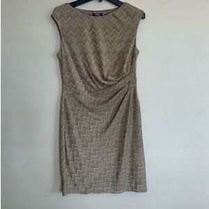 Gold Metallic Chevron Sheath Dress Ruched Waist Cocktail Party Size 12